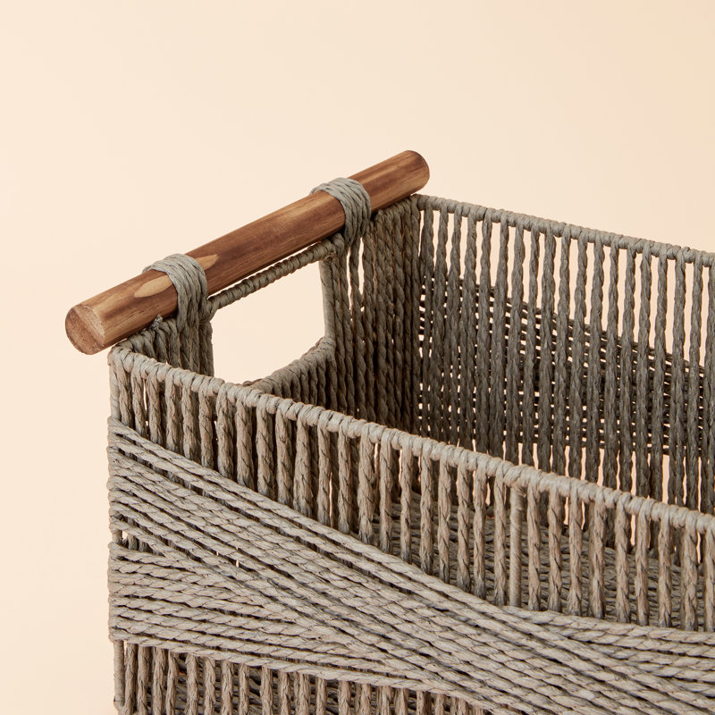 Paper Rope Basket with Wooden Handles, Gray