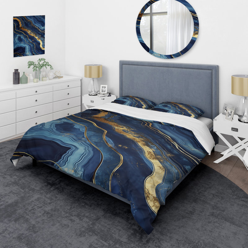 Ensemble de housse de couette en marbre bleu et doré, Housse de couette pour très grand lit et 2 très 