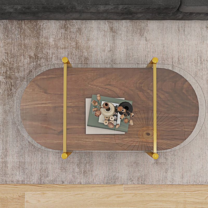 Table basse en verre avec tablette, Doré