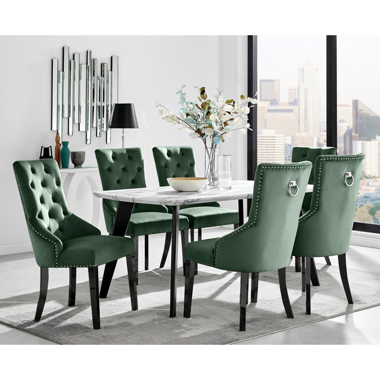 Anders Modern High Gloss Marble Effect Dining Table Set with 6 Luxury Button Velvet Dining Chairs