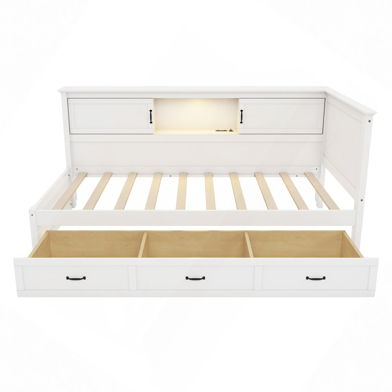 L-Shaped Bed Frame With Drawer And And Bookcase,Corner Bed Wooden Captain Bed With Led Downlight And USB Port For Small Room,Bedroom, Guest Room