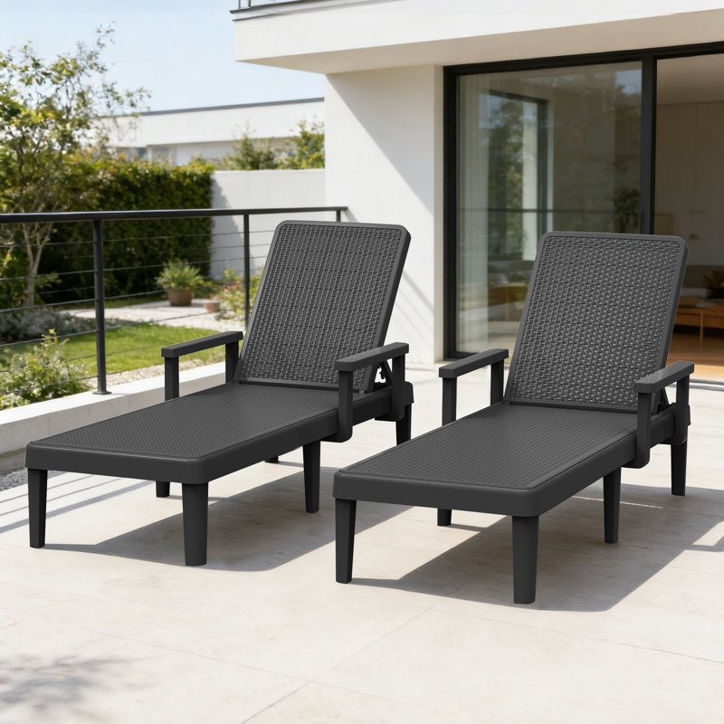 Set of 2 Outdoor Resin Chaise Lounge Chairs with Armrests, 5-Position Adjustable Reclining Patio Loungers, Gray