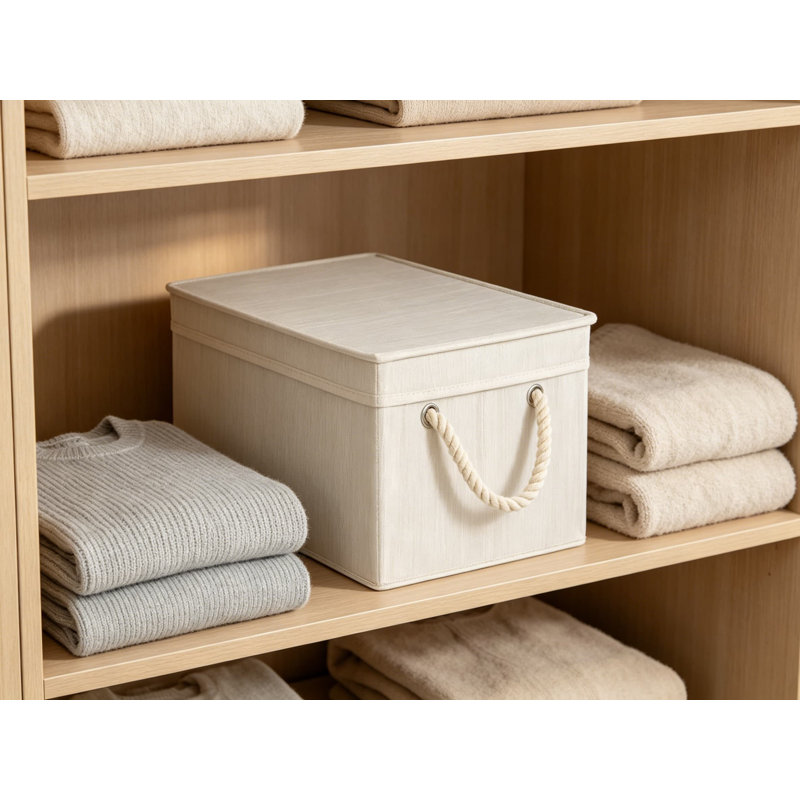 Bacs de rangement décoratifs avec couvercles, paniers empilables pliables avec poignées en corde souple, grands organisateurs de placard pour tablettes, paquet de 3, ivoire et blanc