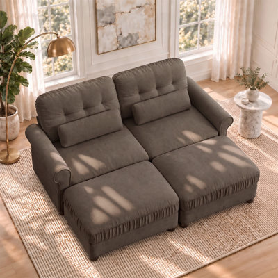 Canapé 2 places en chenille de 176 cm avec 2 poufs assortis, bords d'assise froncés, accoudoirs arrondis et coussins lombaires, coussins fermes et moelleux, ensemble de canapé deux places capitonné pour salon et chambre