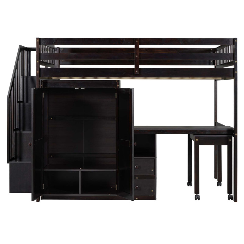 Loft Bed with Stairs, Bookshelf, Drawers, Desk & Wardrobe, Full, Espresso