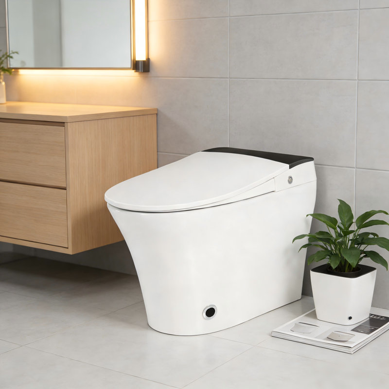 Toilette intelligente une pièce à siège chauffant, chasse d'eau sans réservoir avec capteur de pied, blanc