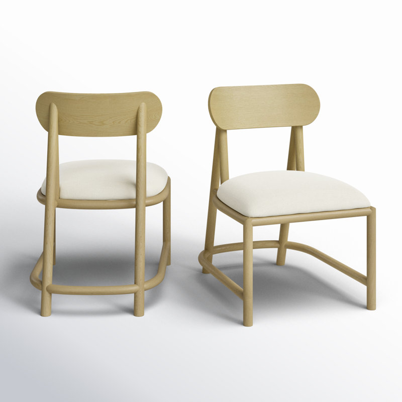 Beige Upholstered Oak Wood Dining Chairs, Set of 2