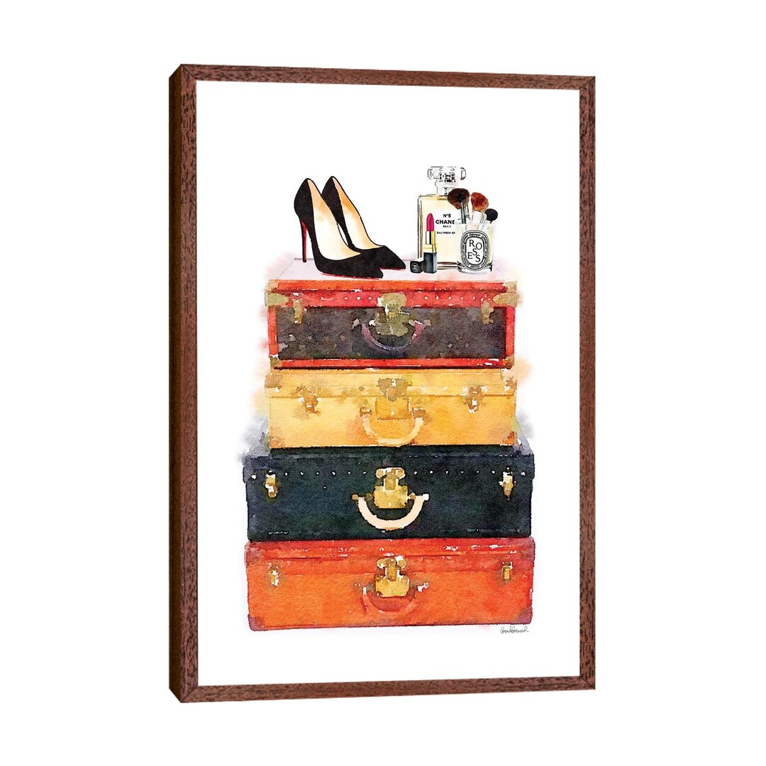 Gerahmtes Leinwandbild Luggage Stack Shoes Makeup Station von Amanda Greenwood