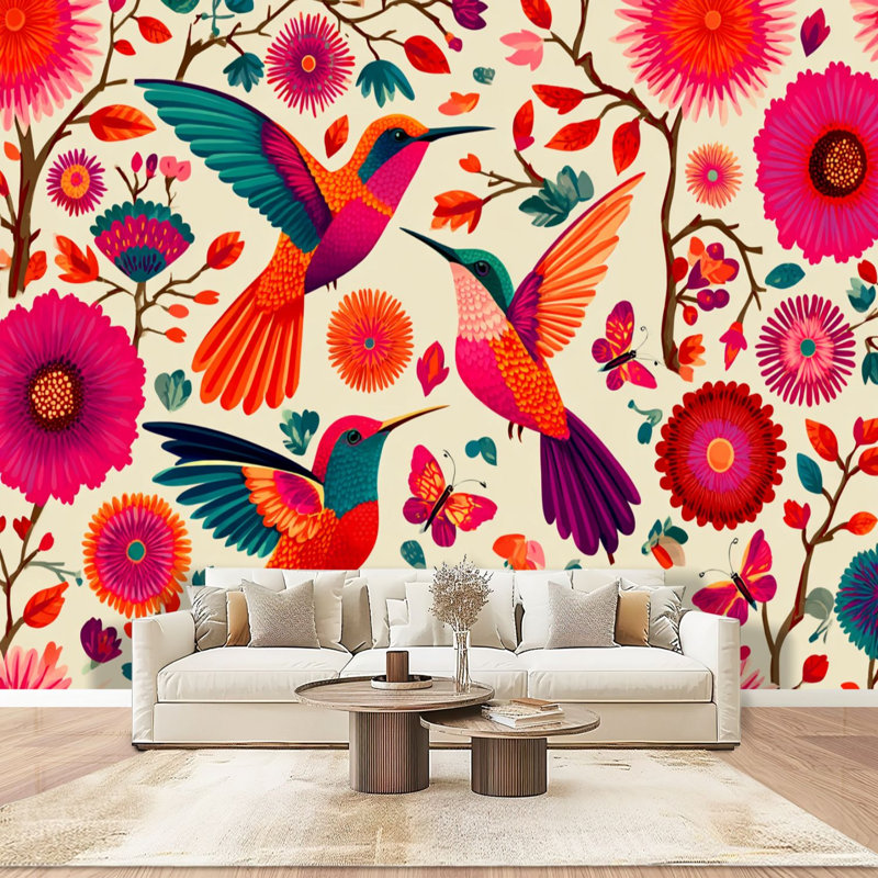Peler et coller le papier peint mural, broderie Otomi mexicain sans soudure, coloré, traditionnel mexicain, art mural auto-adhésif et amovible