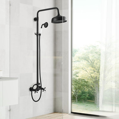 Traditional Exposed Rain Shower System with Handheld Spray, 8'' Wall Mounted Brass Shower Fixture with Adjustable Straight Riser and Cross Handles
