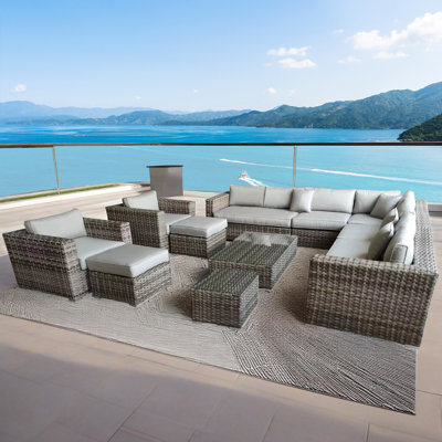 10-Person Fully Assembled Outdoor Wicker Patio Sectional Sofa Group Conversation Set with Cushions, Chair, Ottomans