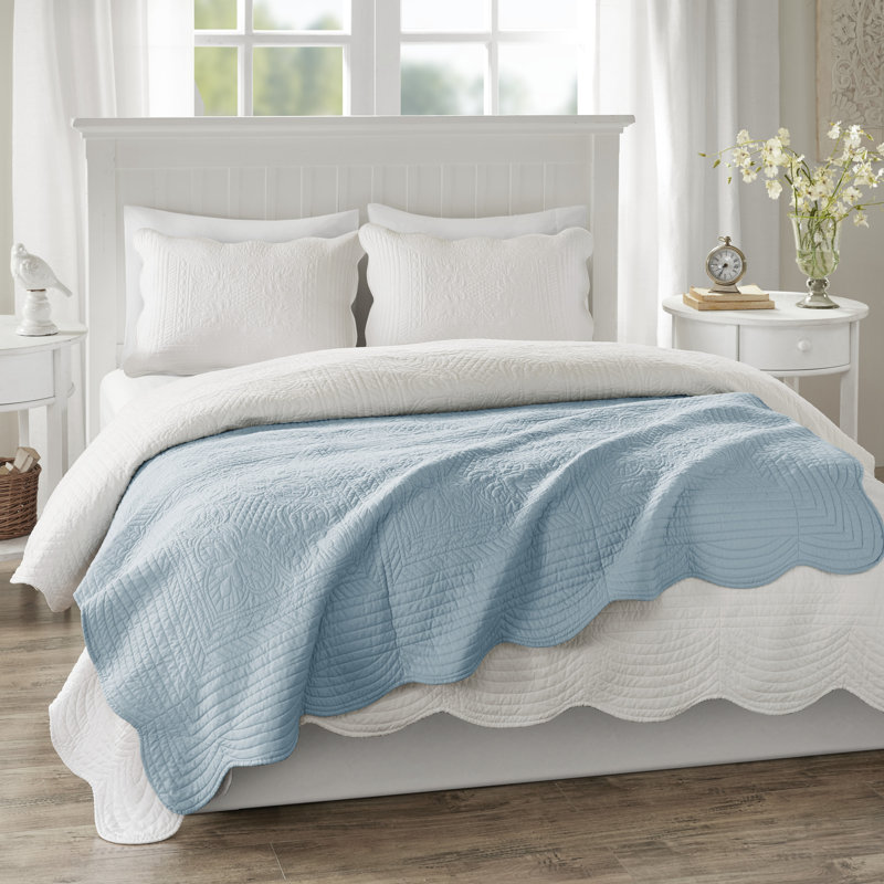 Oversized Blue Cotton Fill Quilted Throw with Scalloped Edges