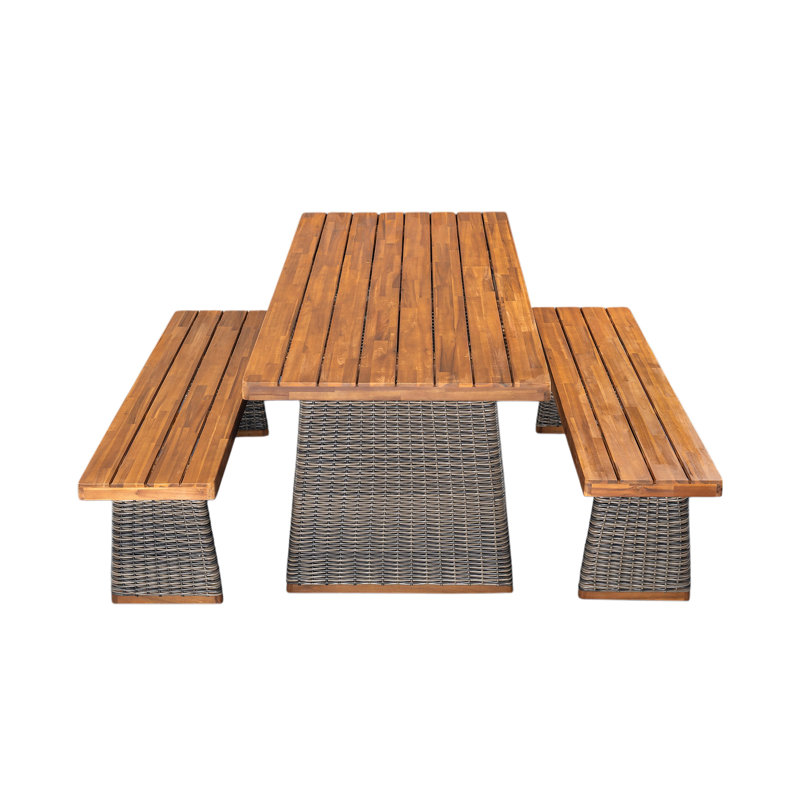 Ensemble de salle à manger d'extérieur 3 pièces en bois d'acacia avec pieds en rotin tressé à la main