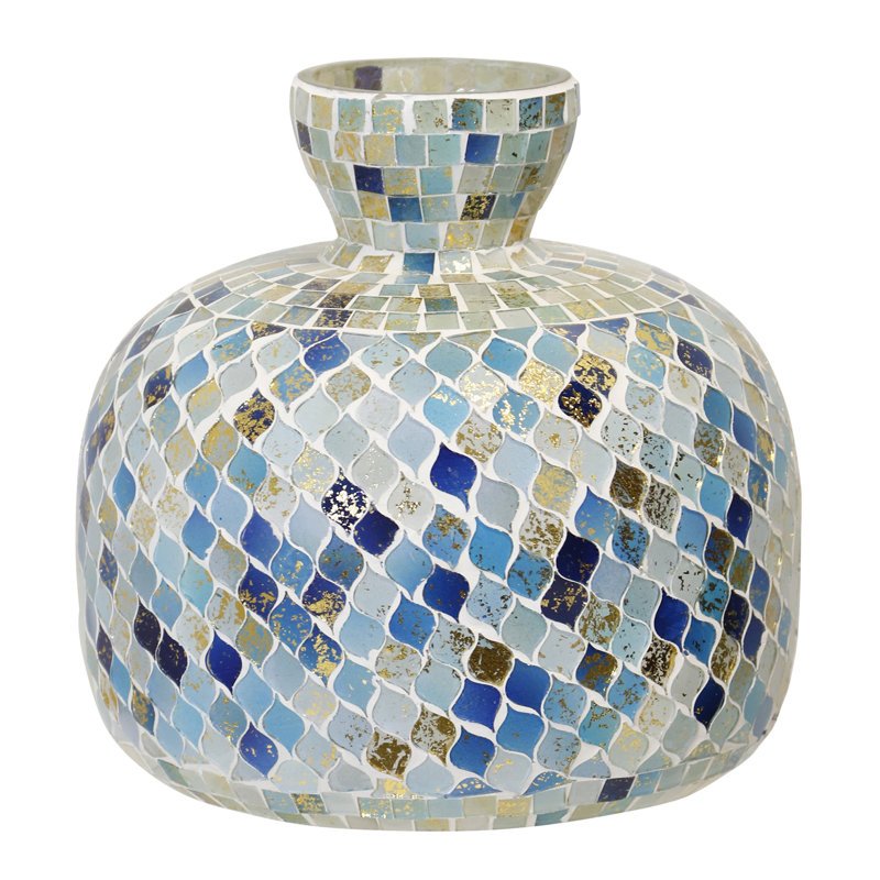 Vase en verre - mosaïque bleue - 8,5 po x 8,5 po