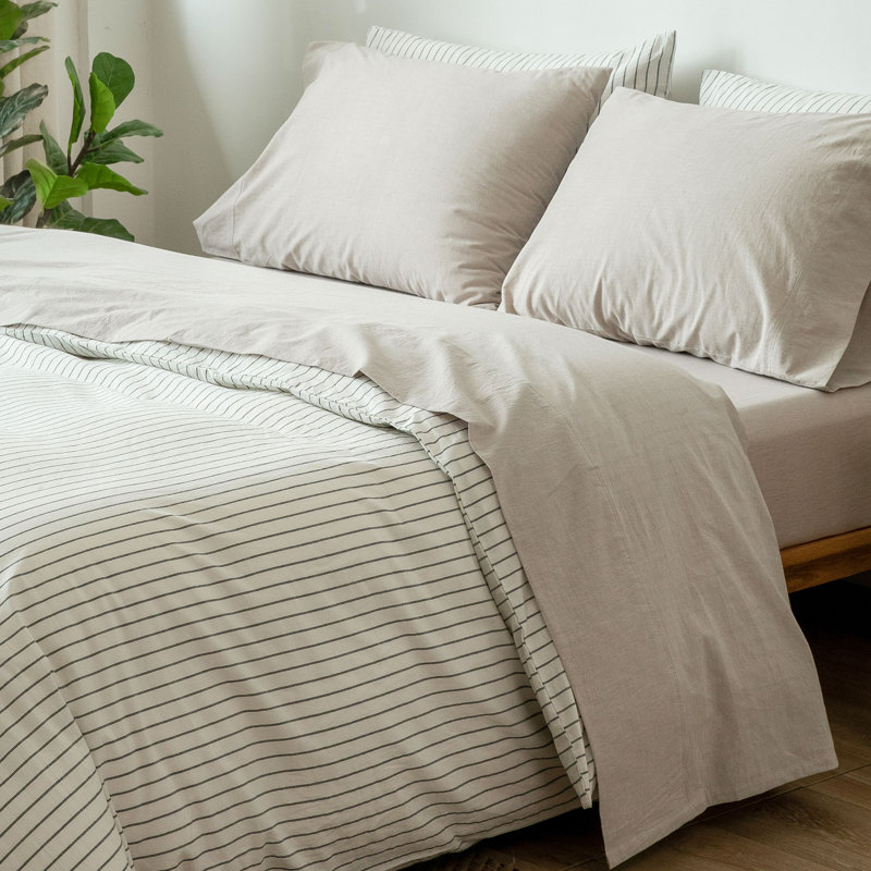 Linen Like Textured Flat Sheet 100% Washed Cotton Breathable Durable Soft Comfy, Tannish Grey, Queen Flat Sheet