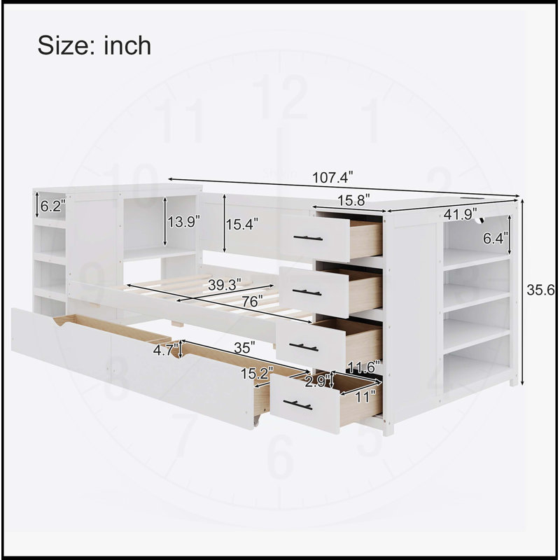 Lit de jour simple en bois blanc avec tablettes latérales, tiroirs et bureau multifonctionnel, idéal pour économiser de l'espace et vivre.
