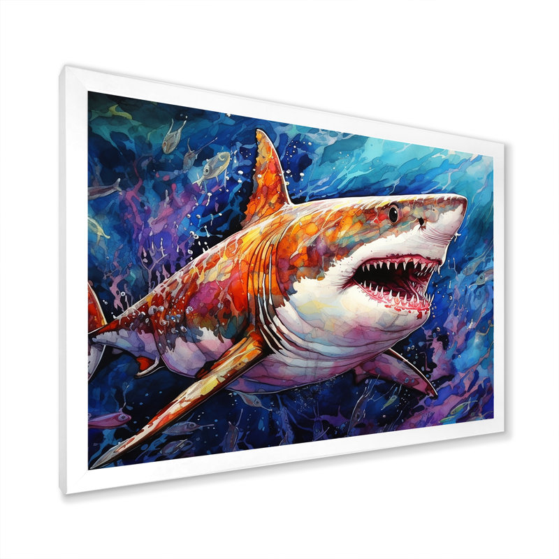 " Shark Haven Under Water Painting II ", White Single Picture Framed, 12" H x 20" W x 1" D
