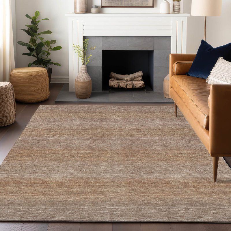 Machine Washable Beige Ombre Striped Synthetic Rug