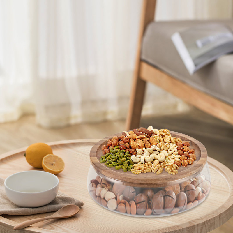 Plateau de rangement pour aliments en verre avec couvercle en bois, Transparent