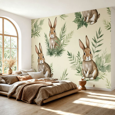 Wall Mural Peel and Stick Wallpaper Hand drawn cute rabbit leaves watercolor seamless bunny Self-Adhesive Removable Contact Paper Wall Decor for Living Room Bedroom 69"H x 96"W
