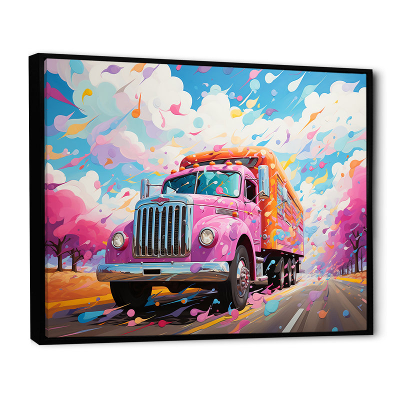 Camion Raimbow rose sur toile, Cadre flottant noir, H 34 po x l 44 po x P 1,5 po