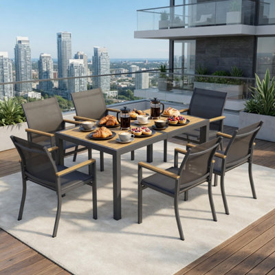 Ensemble de salle à manger 7 pièces en aluminium gris, table rectangulaire haute densité HDPS à 6 places et chaises en textilène pour le patio