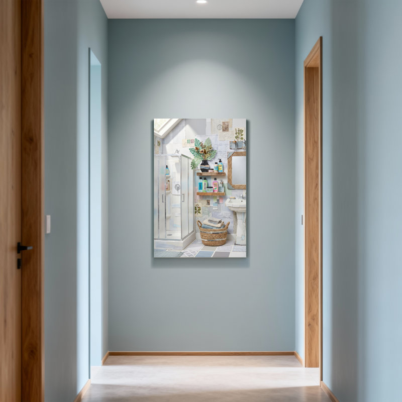 Scène de salle de bain avec plantes et carreaux, H 30 po x l 20 po
