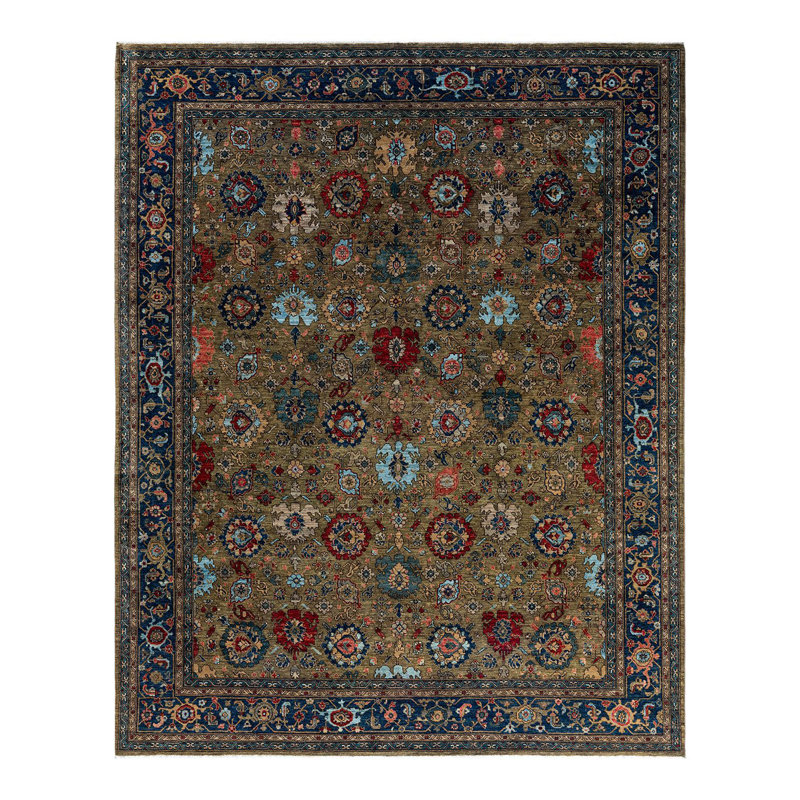 Tapis unique noué à la main brun Serapi de 9 pi 2 po x 11 pi 6 po Serapi
