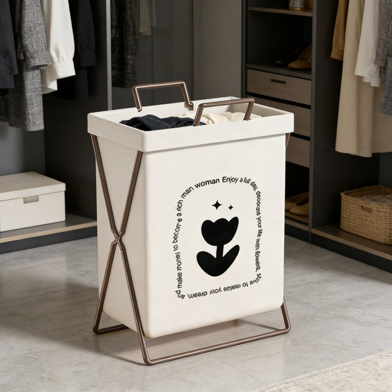 Foldable Laundry Hamper With Stand For Dorm Bathroom, Cotton Linen Fabric Collapsible Dirty Clothes Basket, Portable Storage Organizer