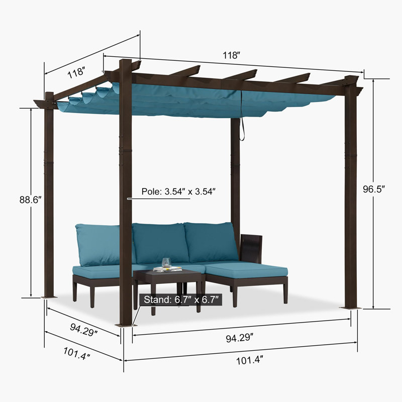 Pergola en aluminium mauve avec auvent, Bleu, H 96,5 po x l 118 po x P 118 po