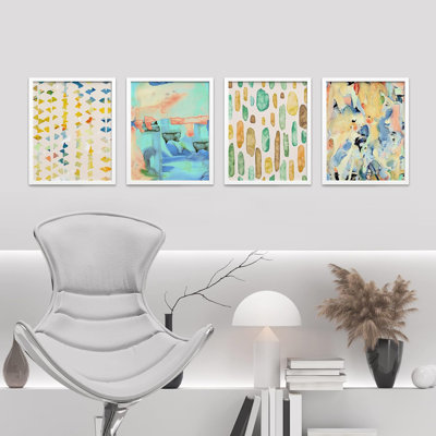 Ensemble de 4 reproductions murales abstraites géométriques encadrées sur papier de style Mid-Century pastel