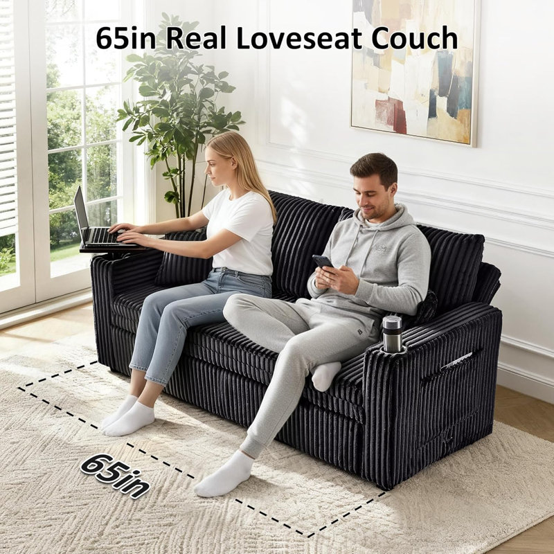 65 In Full Sleeper Sofa Bed, Convertible Pull Out Couch With Small Table, Black