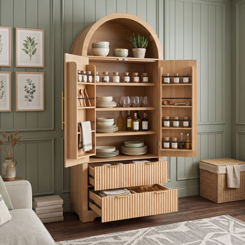 Armoire de cuisine en bois avec 2 tiroirs et 8 tablettes de porte réglables, Naturel