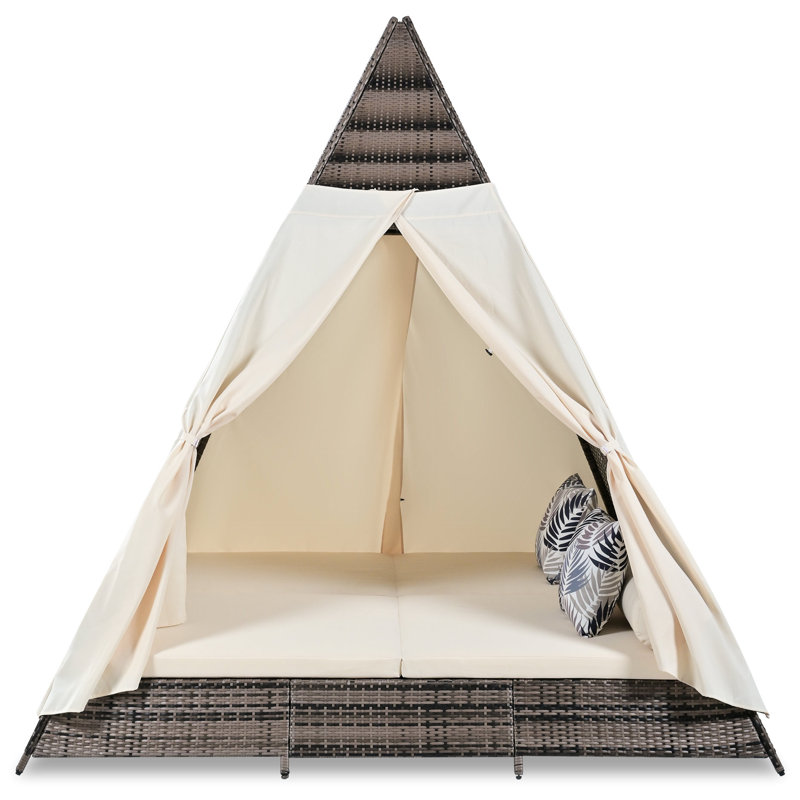 Lit de patio avec coussins, pieds réglables, style tente, pour la détente en plein air