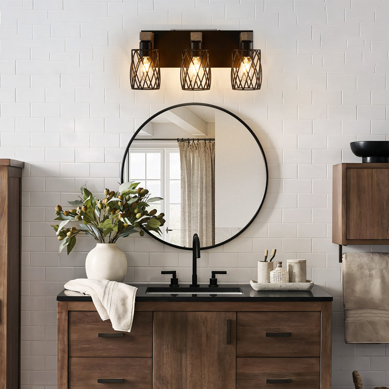 Farmhouse Bathroom Vanity Light With Cage Lampshade,Wood Bathroom Light Fixtures Over Mirror,Rustic Bathroom Lighting For Bedroom Living Room Hallway