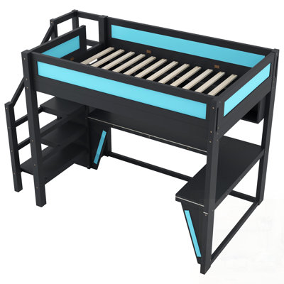 Lit mezzanine avec bureau et garde-robe, structure de lit mezzanine avec DEL pour jeux vidéo, port USB intégré