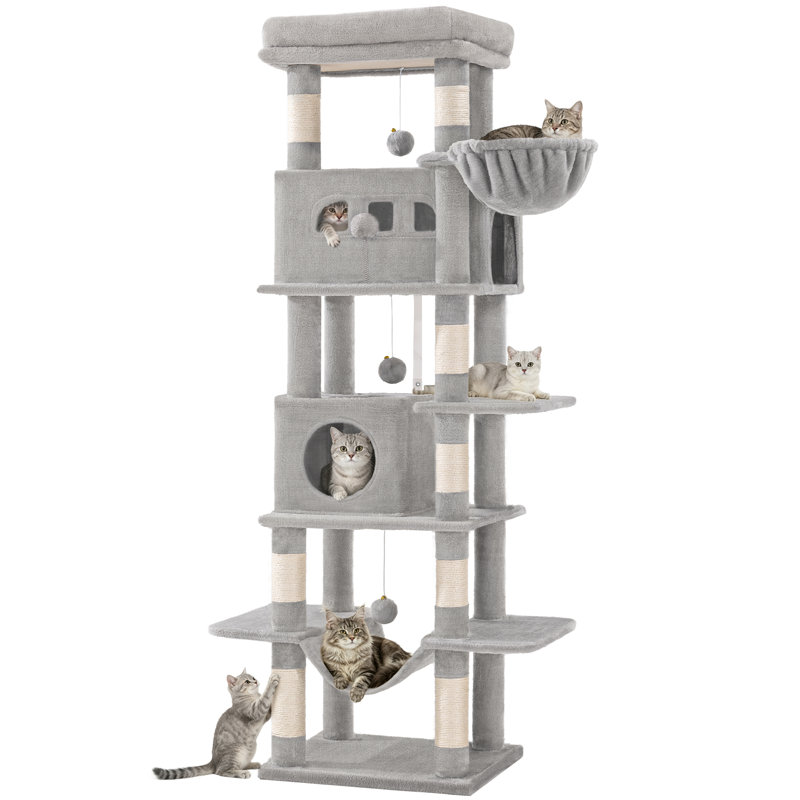 Cat Tree for Indoor Cats, Large Tall Cat Tower, Multi-Level Cats House with Condo, 8 Scratching Posts, Hammock, 4 Pom Poms