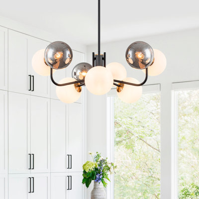 9-Light Modern Matte Black Geometric Chandelier with Dual-Tone Glass Globes, Adjustable Height 17"-72", Branch Design for Dining Room Living Room Kitchen Island