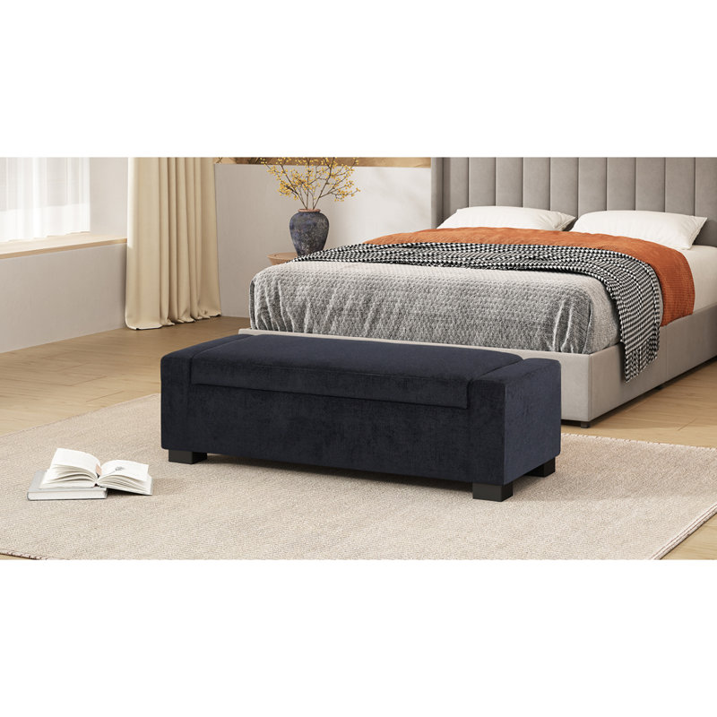 50" Ottoman Bench In Textured Fabric, Rectangular Design With Hinged Lid For Seating, Footrest, And Hidden Storage, Dark Blue