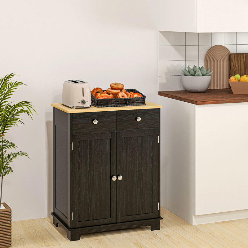 Buffet noir vieilli - comptoir en bois massif, 2 tiroirs, portes, tablette réglable pour la cuisine avec tablette à tiroirs, rangement
