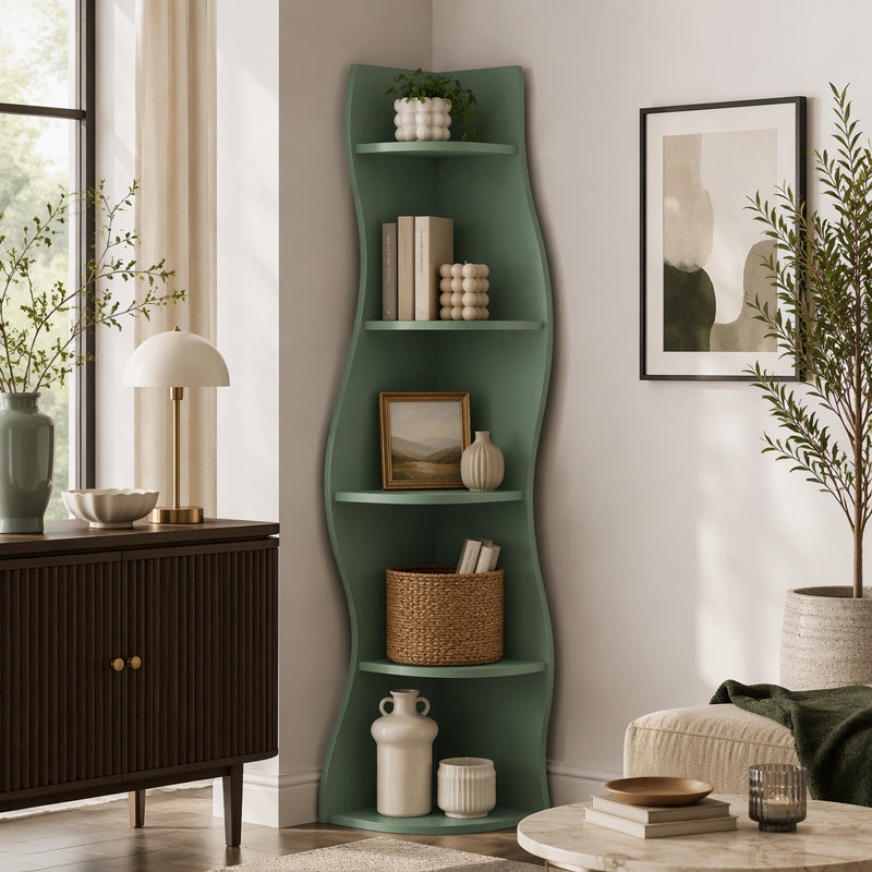 Présentoir de coin courbé autoportant à 5 niveaux en forme de S, rangement compact pour les livres et les plantes dans le salon, la chambre à coucher, la salle de bain et le bureau à domicile