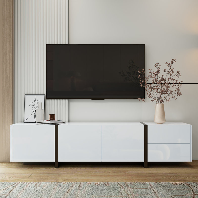 Modern High-gloss Tv Cabinet - Media Unit With Storage (190x45x35cm), 170cm W x 45cm Hx35cm D, White/Black