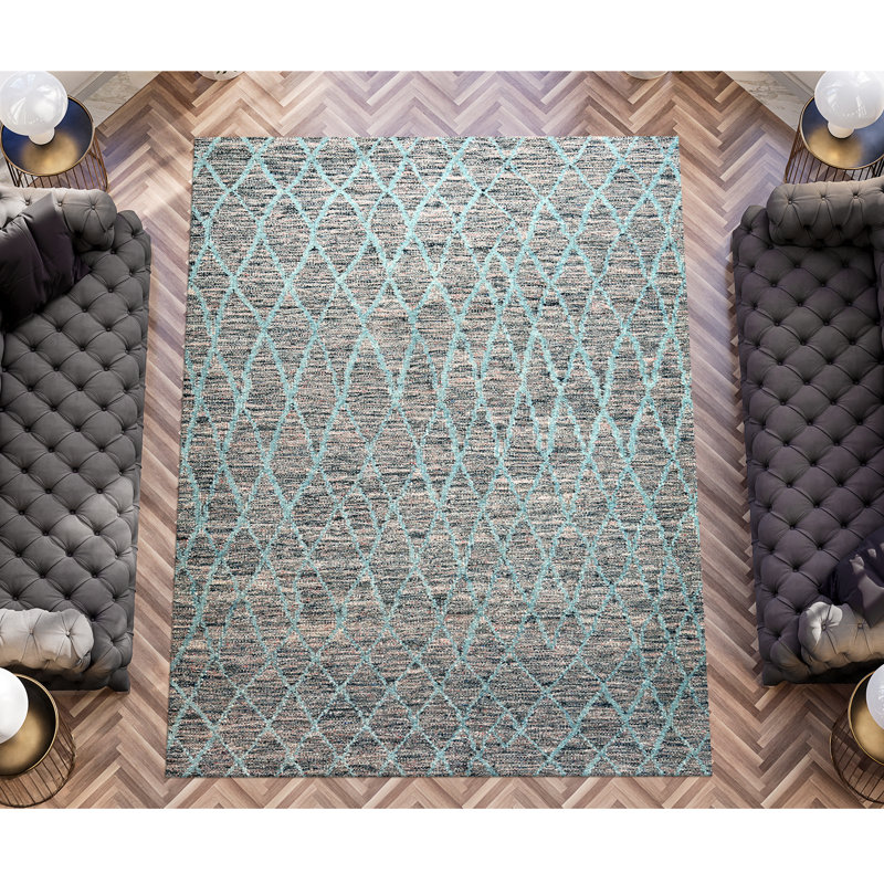 Tapis gris anthracite / bleu noué à la main de haute qualité, Rectangle 8 pi x 10 pi
