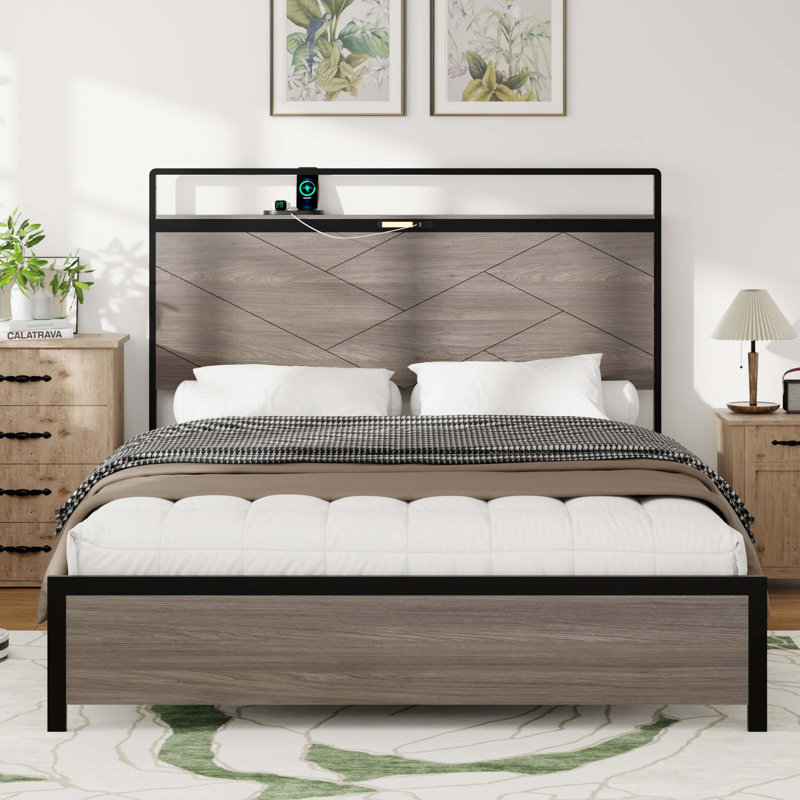 Base de lit en bois avec tête de lit à DEL et 2 ports USB, pas de bruit, matelas à ressorts requis et outils d'assemblage simples, grand espace de rangement sous le lit