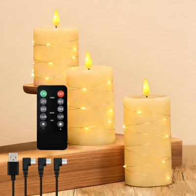 LED Flameless Candle,Rechargeable Flashing Pillar Real Wax Candle with Remote Control and Timer, Upgraded Teardrop Wick, Electronic Candles with Fairy Lights for Room Decor, Pack of 3