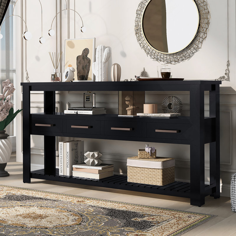 Console moderne pour salon avec 4 tiroirs et 2 tablettes, Noir