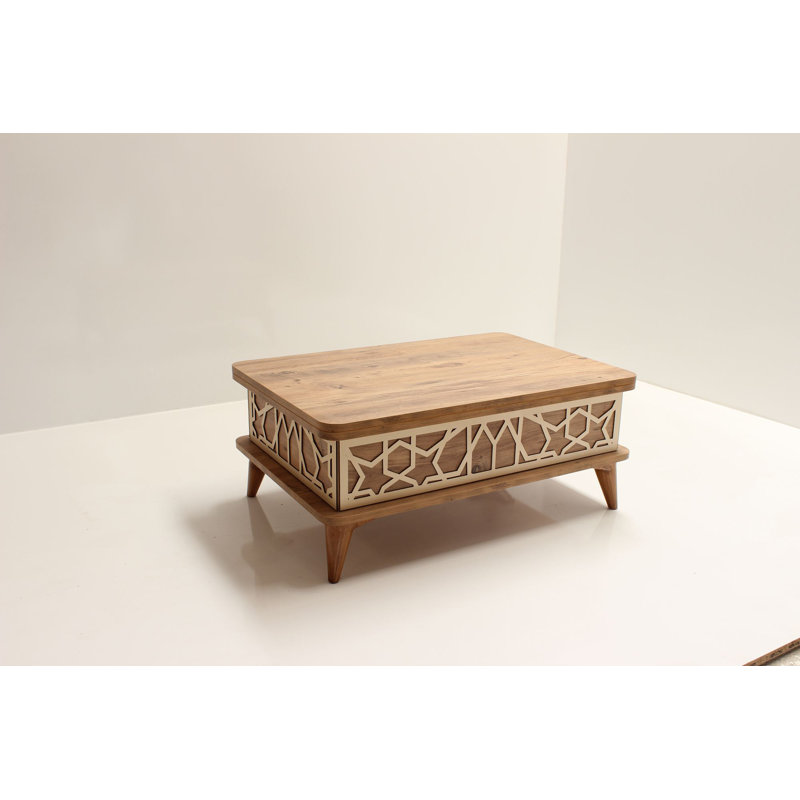 Table basse Mid-Century moderne à plateau relevable avec rangement géométrique / treillis, Light Brown Top/Light Brown Base
