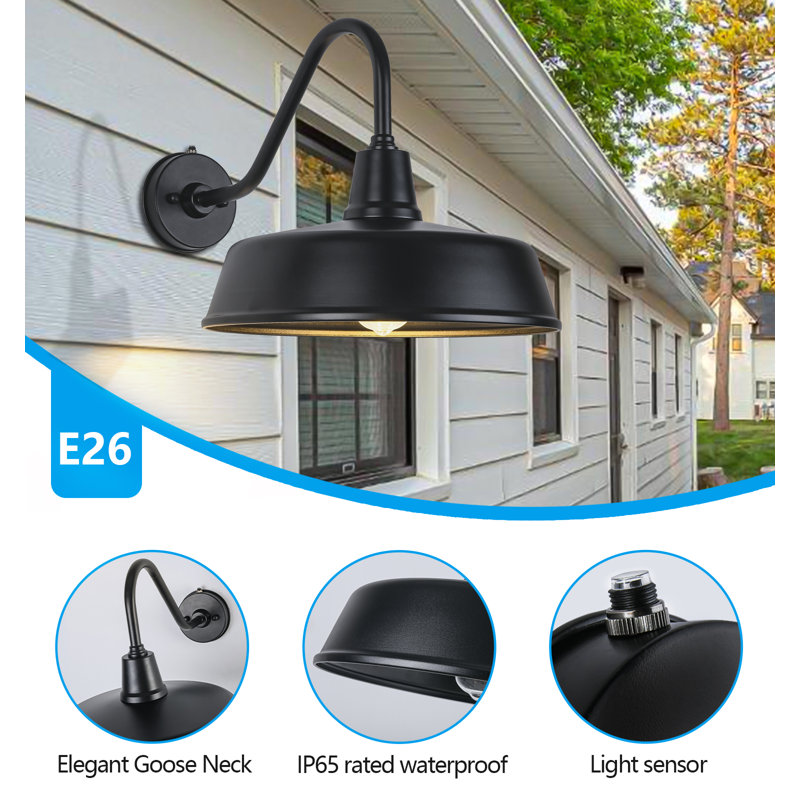 Bechard Black Finish Dusk To Dawn Outdoor Wall Barn Light, 14.1" H x 15" W x 23" D, 1 Light