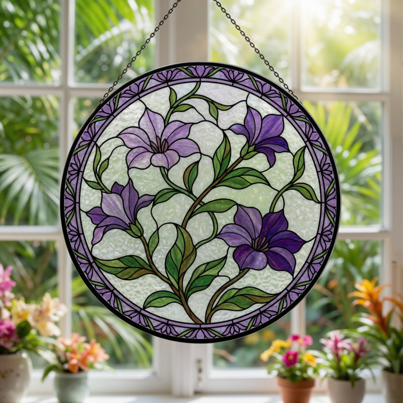 Panneau de vitrail à motif floral H 12 po, H 12 po x l 12 po