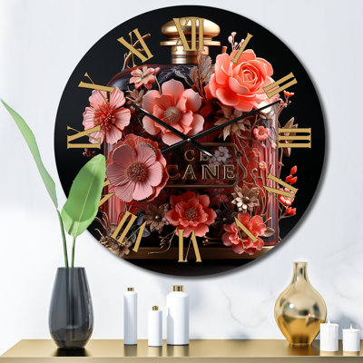 Horloge murale en forme de bouteille de parfum avec fleurs roses I